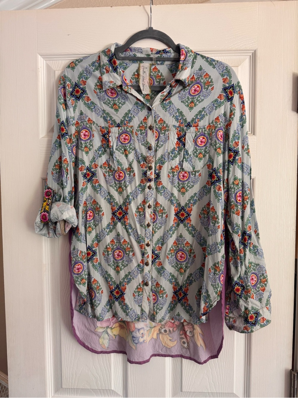 Aratta Floral Geometric Button-Down Shirt in Light Blue and Pink